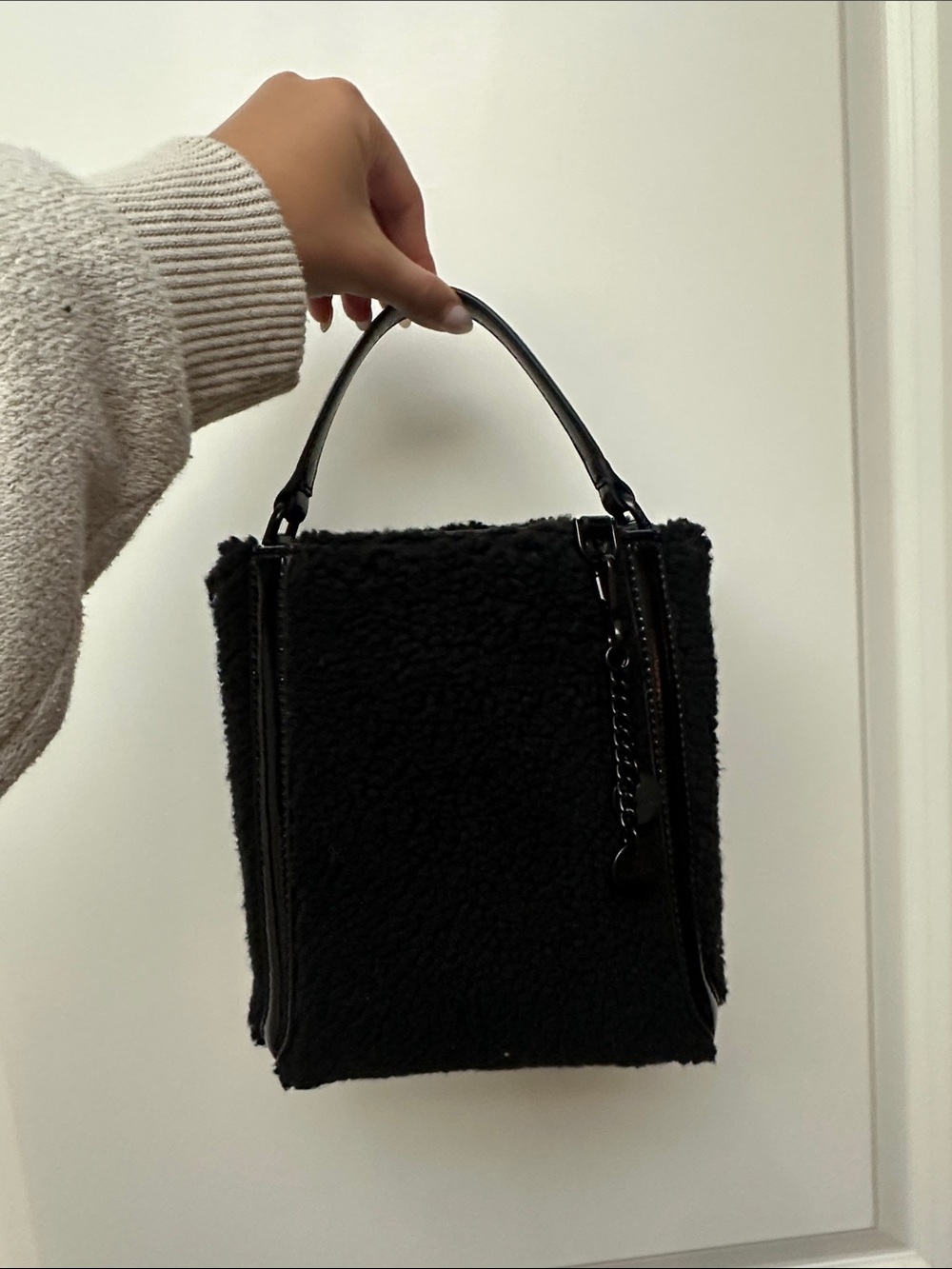 Calvin Klein Black Shearling Mini Top-Handle Bag